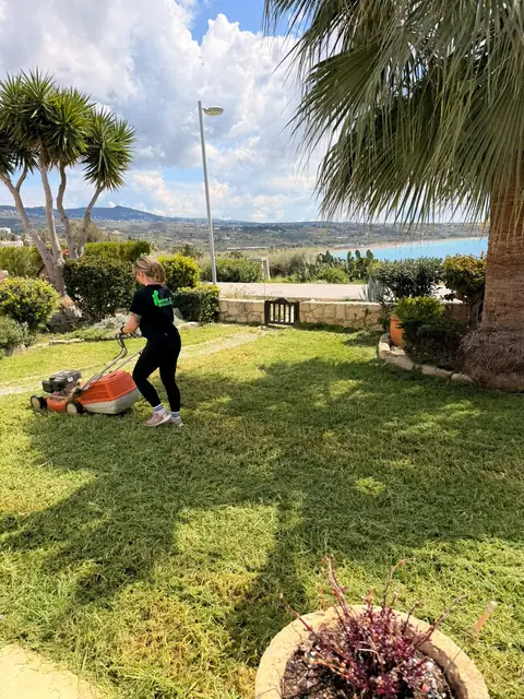Mowing a lawn with a sea view